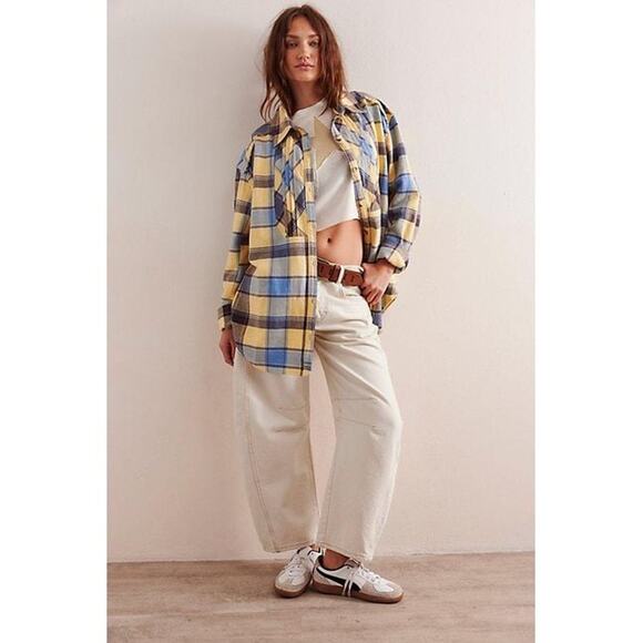 New FREE PEOPLE We The Free Layla Plaid Button Down Shirt $128 SMALL Blue - Picture 2 of 5